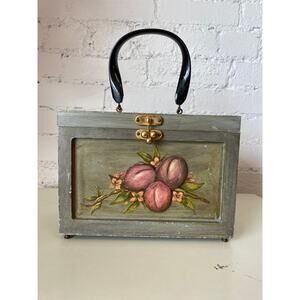 vintage 1960s novelty box purse plum 3-D fruit painted gray top handle handbag